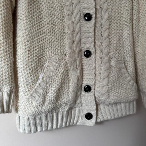 Cable knit faux fur hood cardigan Medium Y2K Cream Brown - Picture 4 of 7